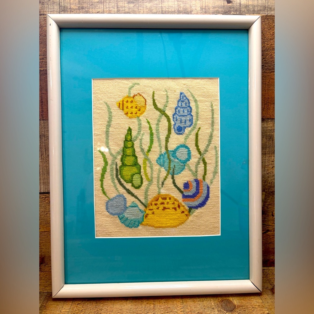 Vintage 80’s Cross stitch Sea Shells Ocean Framed Crewel Beach House Glass